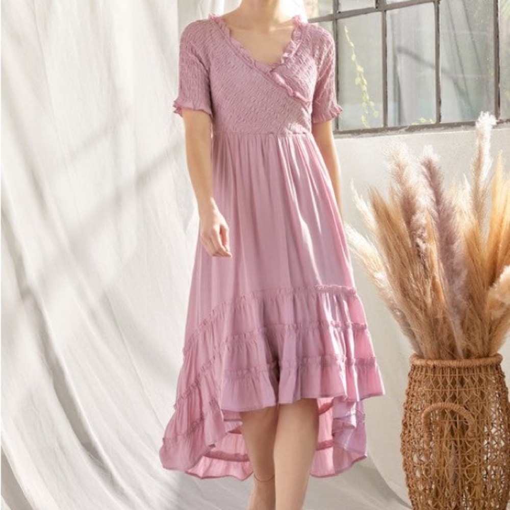 Polagram Blush Smocked High Low Maxi Dress Ruffles Feminine Special Occasion
